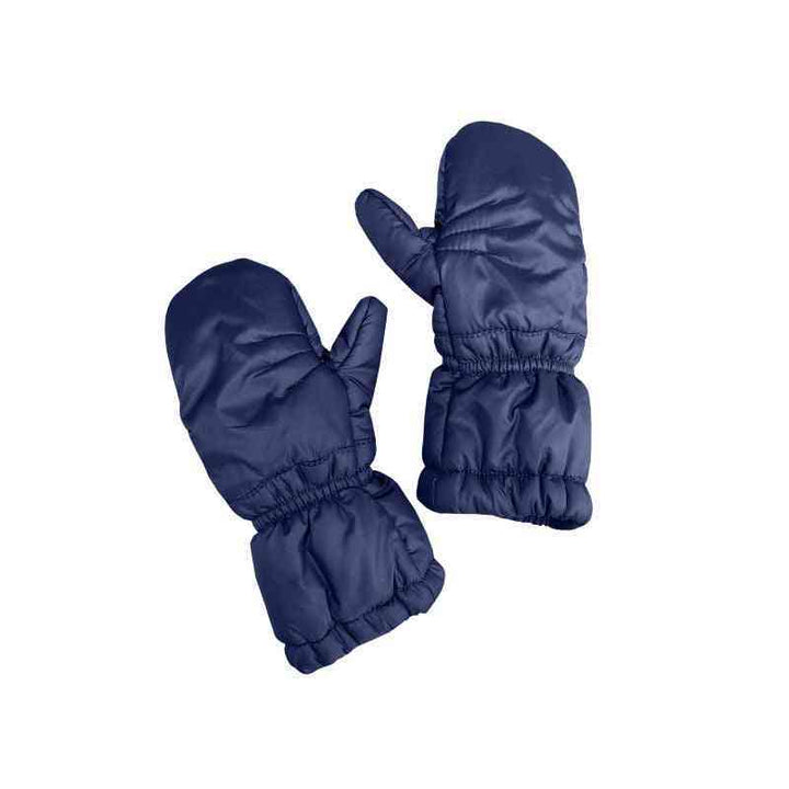 One Kid Navy Mittens, front and back view, showing full design.