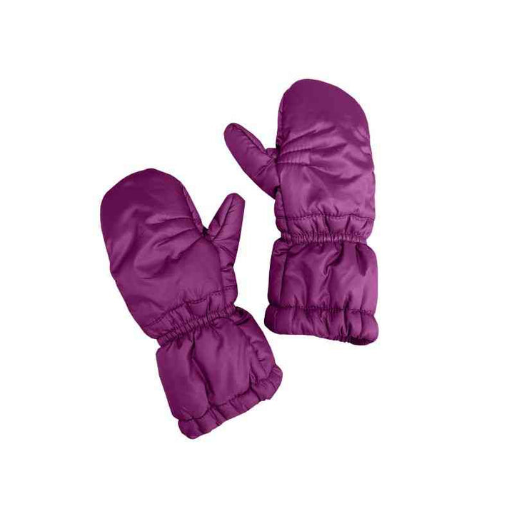 One Kid Plum Mittens, front and back view, showing full design."