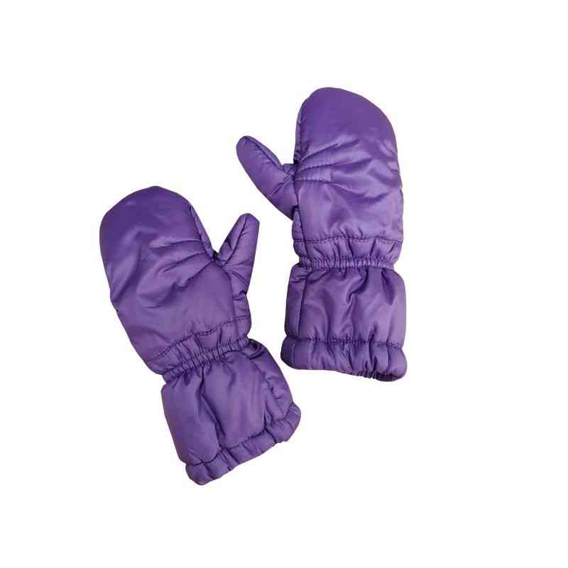 One Kid Purple Mittens, front and back view, showing full design."