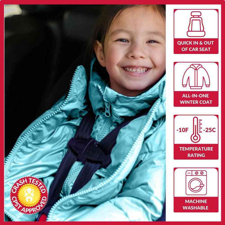 Girl in aqua Road Coat Vegan safely buckled in car seat – crash tested car seat coat