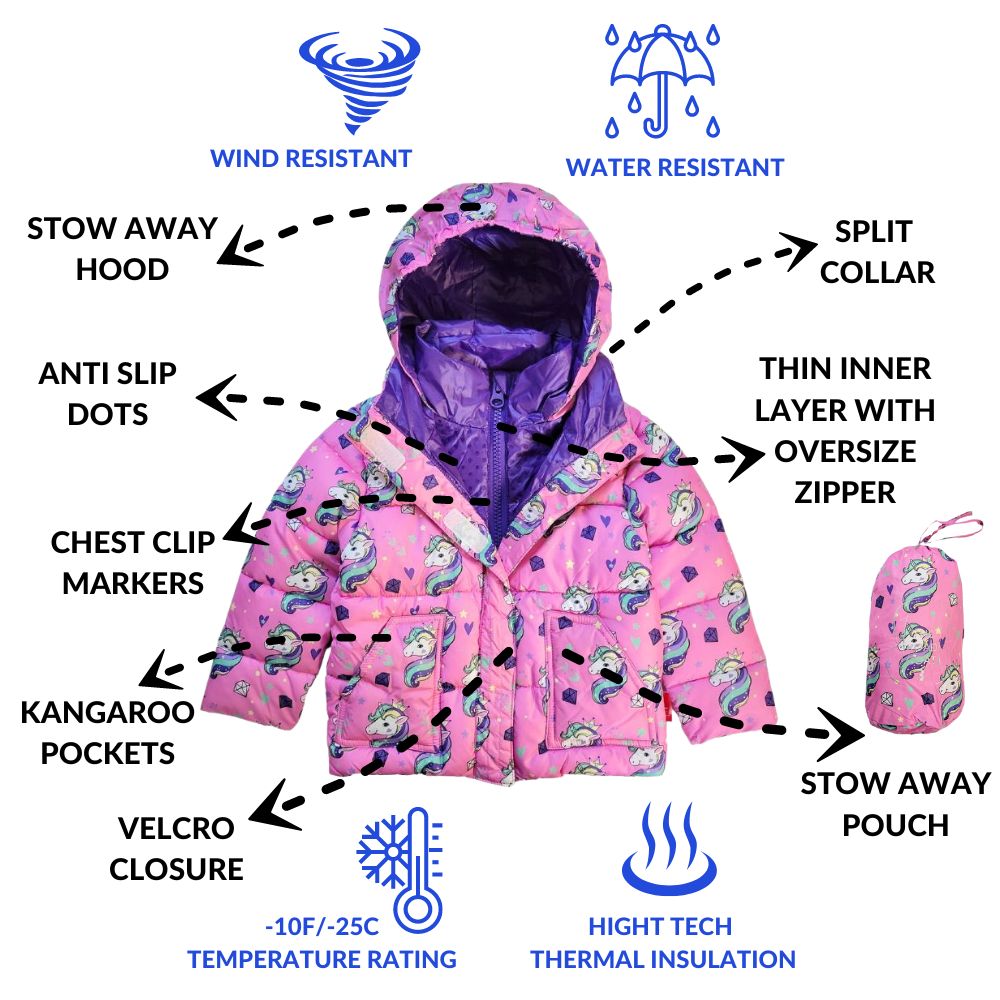 Features of pink unicorn coat: water-resistant, stowaway hood