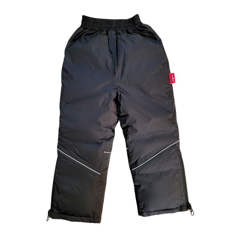 One Kid Arctic Pack-able Snow Pant in Black– front view showing waterproof design, elasticized waistband, and reflective piping.