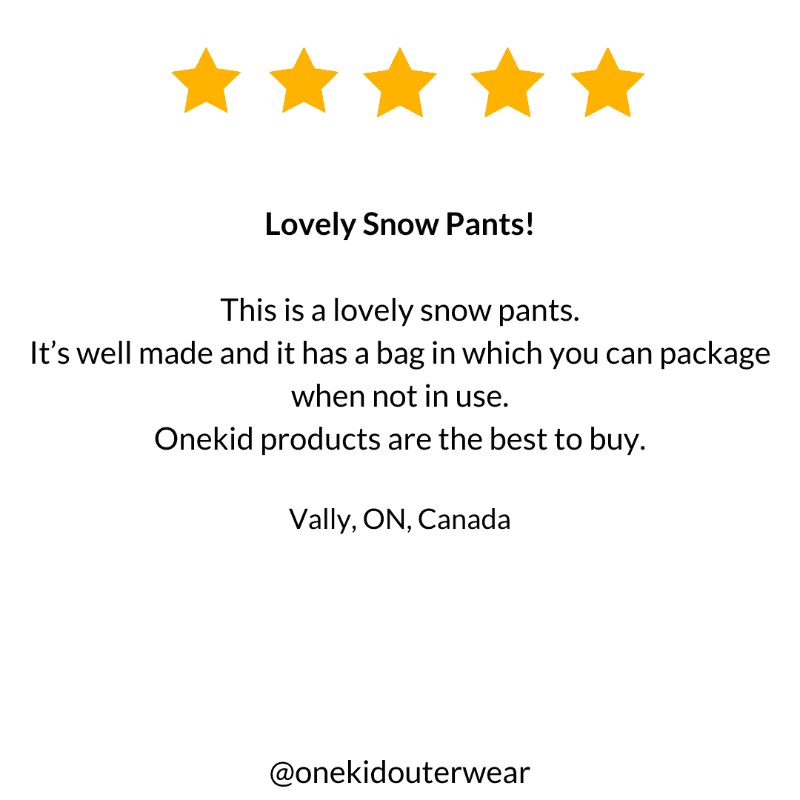 Five-star customer review praising the fuchsia Arctic Snow Pants for their warmth, durability, and stylish design for winter.