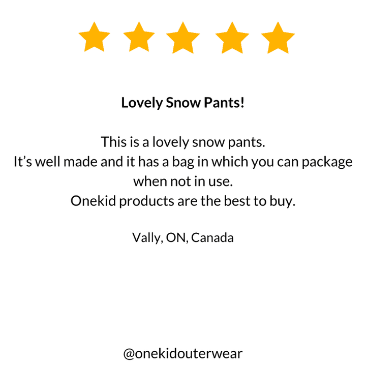 Five-star customer review praising the fuchsia Arctic Snow Pants for their warmth, durability, and stylish design for winter.