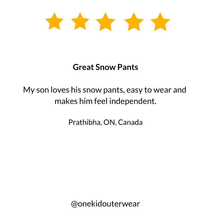 Five-star customer review praising the Royal Blue Arctic Snow Pants for their warmth, durability, and stylish winter design.