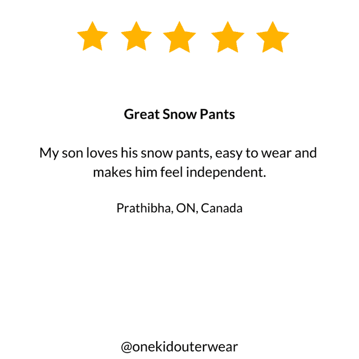 Five-star customer review praising the Royal Blue Arctic Snow Pants for their warmth, durability, and stylish winter design.