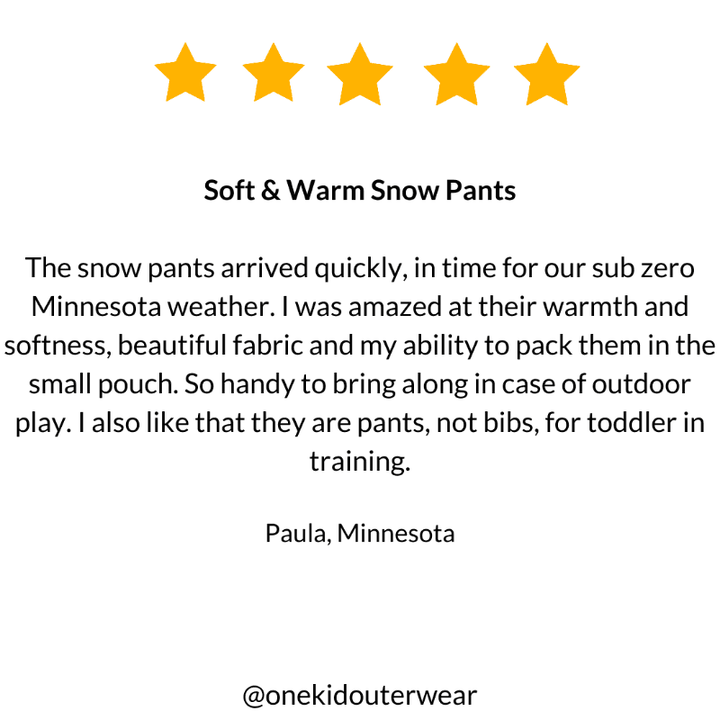 Five-star customer review praising the lilac Packable Snow Pants for their warmth, durability, and stylish fit for winter activities.