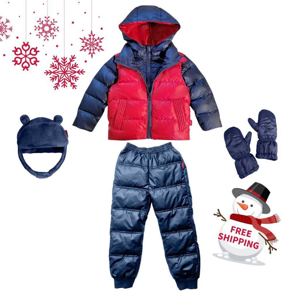 Winter Snuggle Up 4-Pieces Gift Set – Road Coat Down Navy/Red | Car Seat Coat Bundle