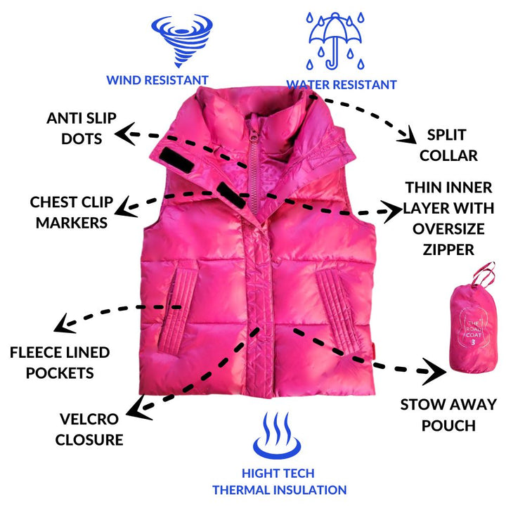 Fuchsia vest features: wind, water resistant, thermal