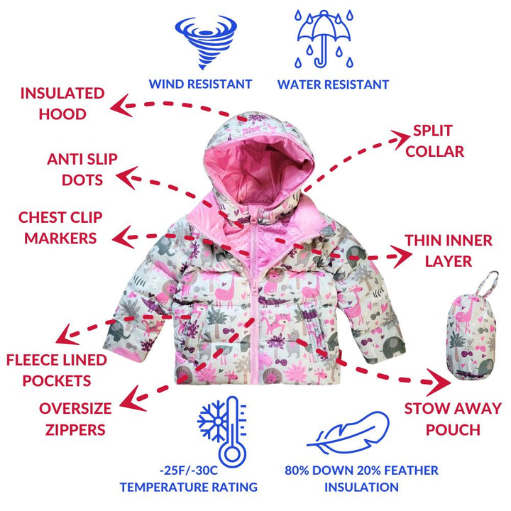 Features of Safari Road Coat Down with insulation details