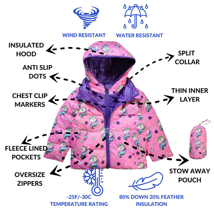 Pink unicorn coat features: wind, water resistant, insulated.