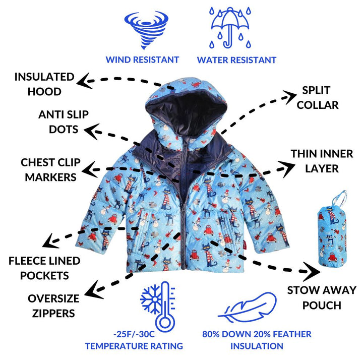 Features of Pete The Cat coat: insulated, water-resistant, and more.