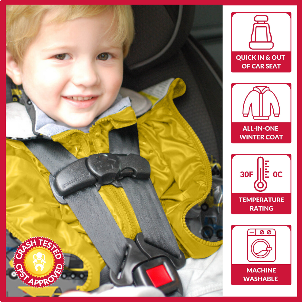 Child wearing car seat safety coat with features listed