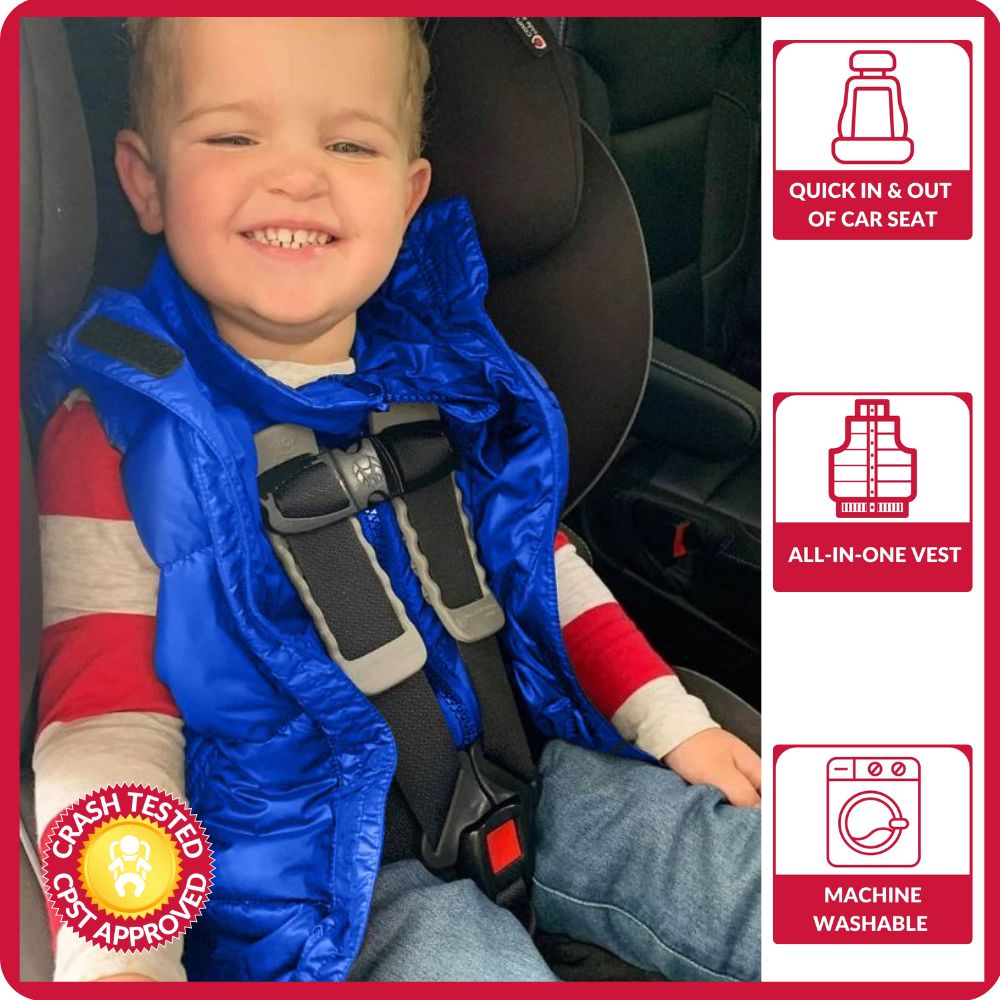 Child wearing Royal Blue Road Coat Vest in car seat