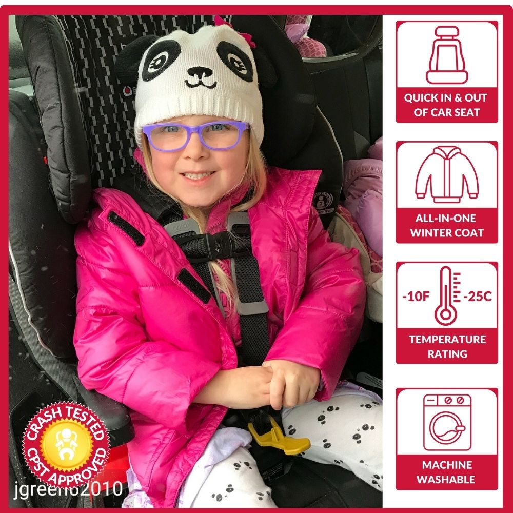 Child wearing fuchsia coat in car seat