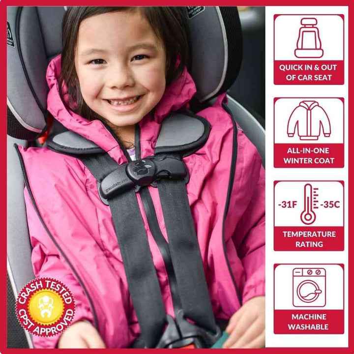 Child wearing fuchsia Road Coat Arctic in car seat