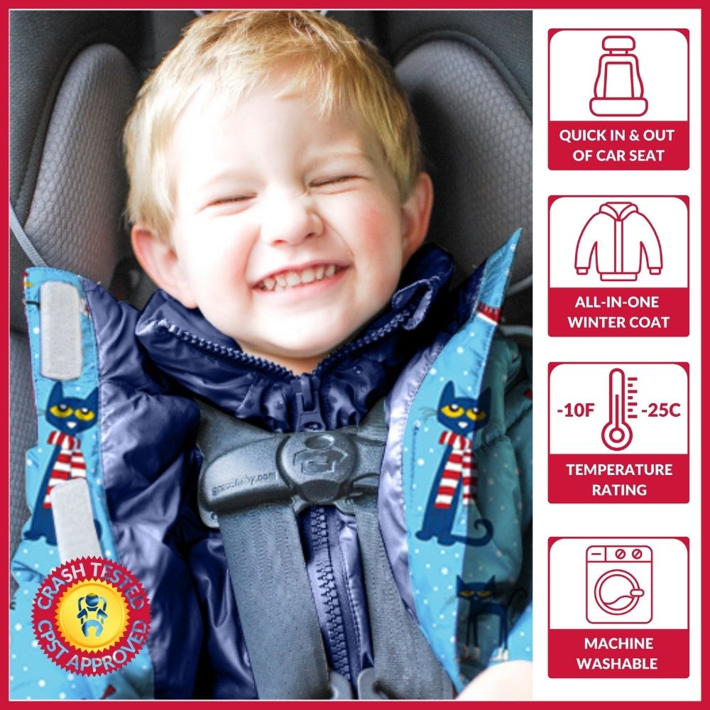 Child wearing The Road Coat Vegan in car seat