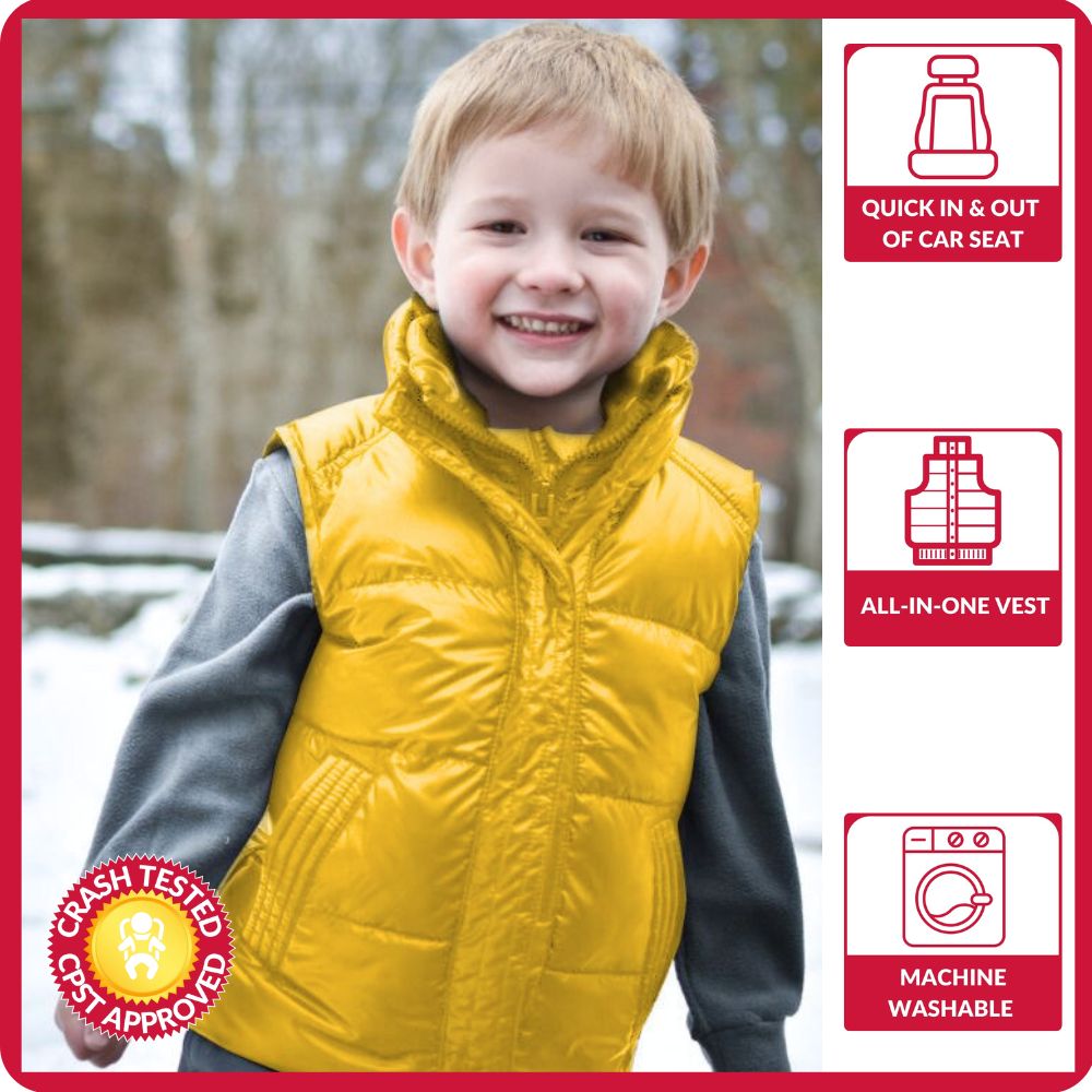 Child wearing yellow Road Coat Vest, car seat safe features