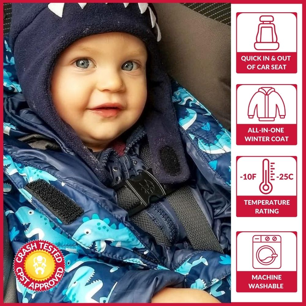 Baby in car seat wearing Navy Raptor Road Coat