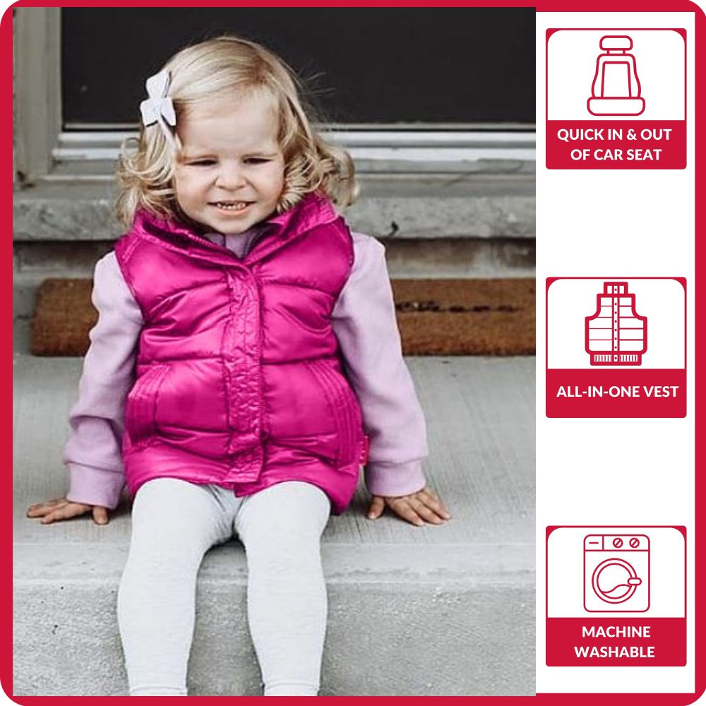 Child wearing fuchsia vest, quick car seat access