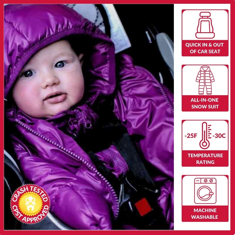 Baby in plum snow suit with car seat safety features