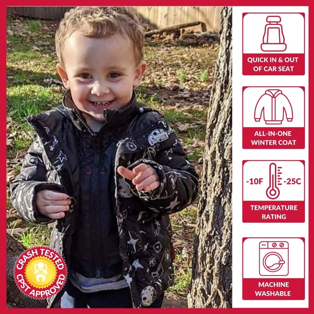 Child wearing The Road Coat Vegan Rocketship, car seat approved