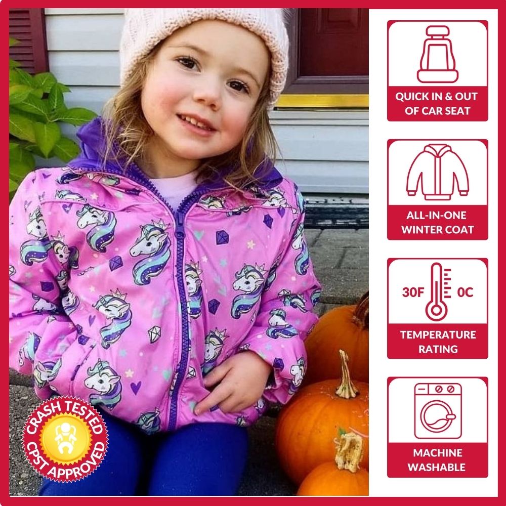 Child wearing pink unicorn coat, car seat safe features