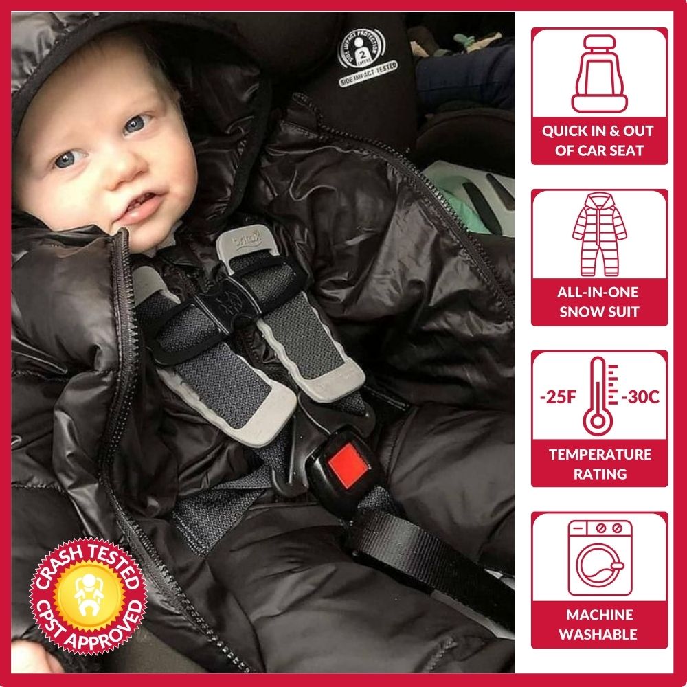 Child in car seat wearing black Road Coat Snow Suit