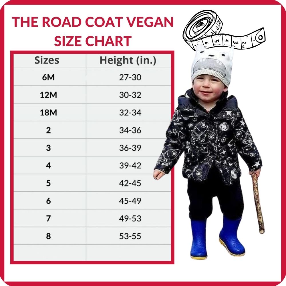 Size chart for The Road Coat Vegan Rocketship