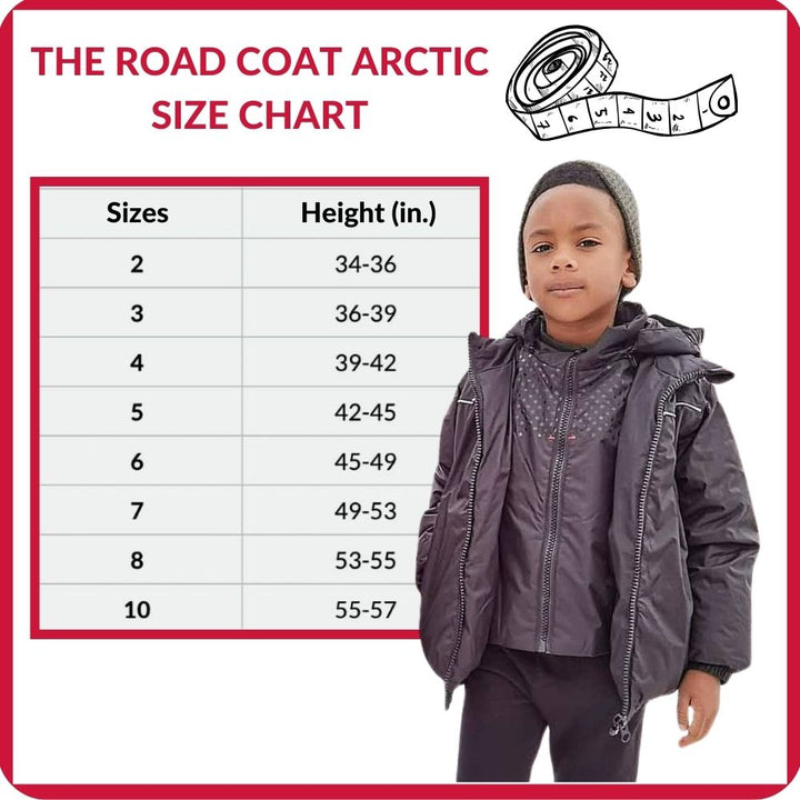 The Road Coat Arctic size chart and model