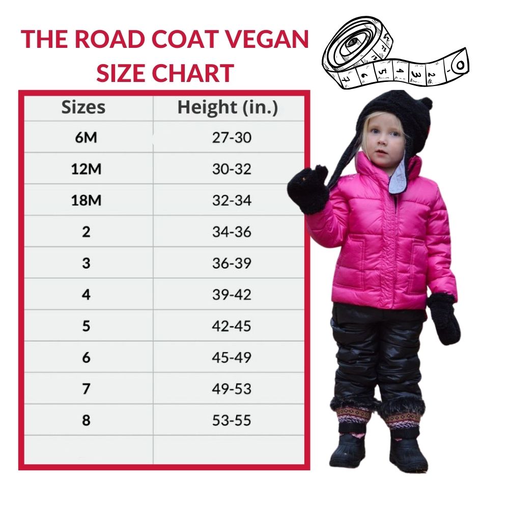 Size chart for The Road Coat Vegan