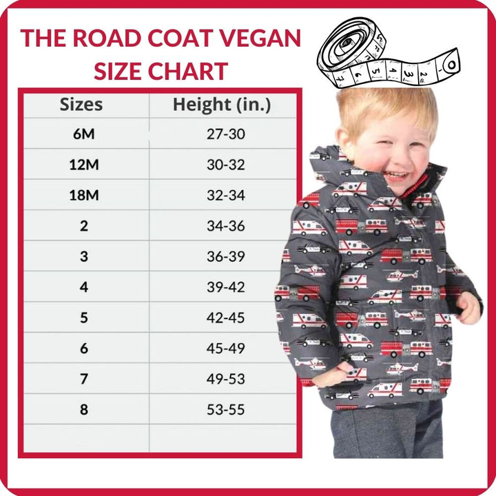 Size chart for The Road Coat Vegan