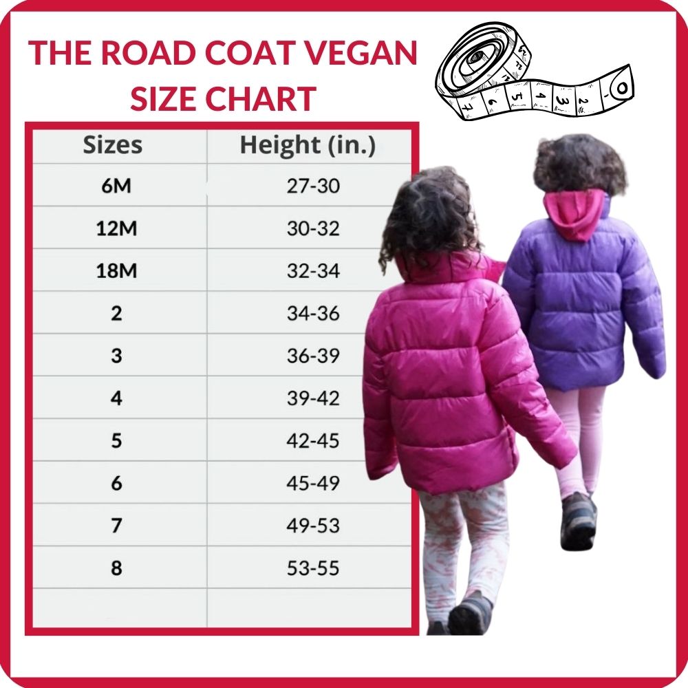 Size chart for The Road Coat Vegan, various sizes.