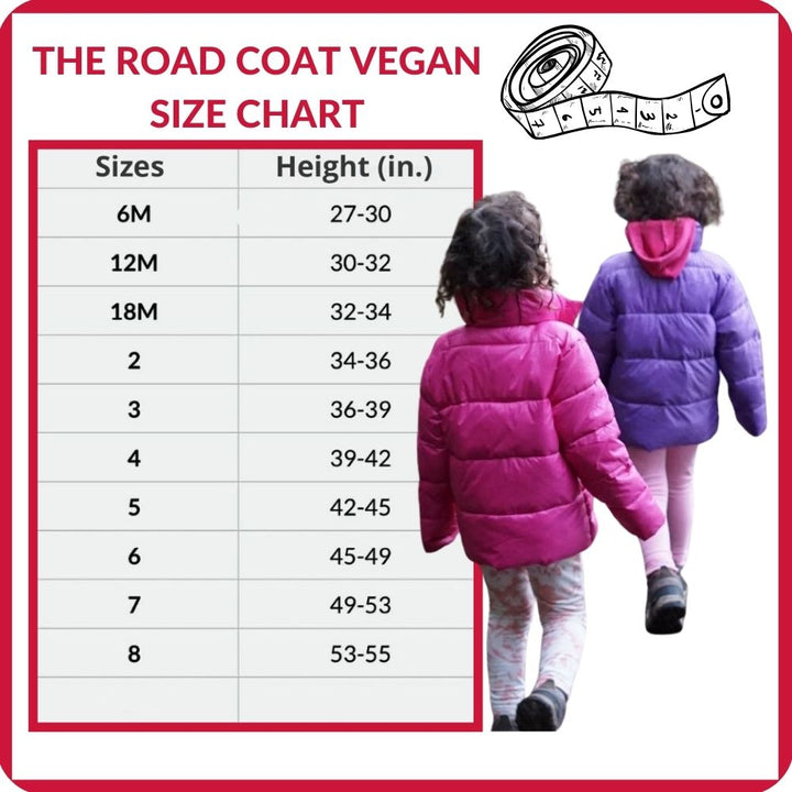 Size chart for The Road Coat Vegan, various sizes.