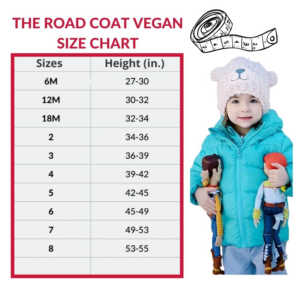 Size chart for The Road Coat Vegan with child model.