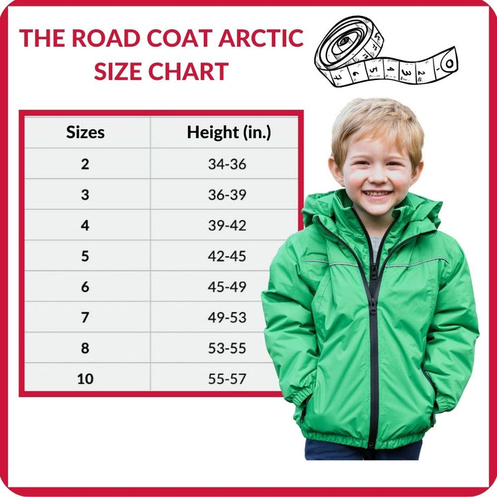 Road Coat Arctic size chart with child model