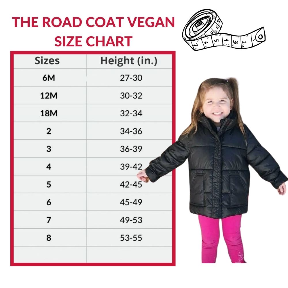 The Road Coat Vegan size chart with child model