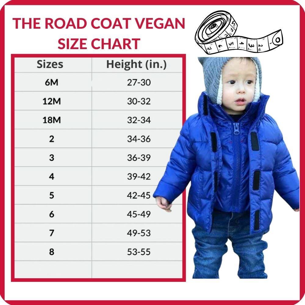 Size chart for The Road Coat Vegan