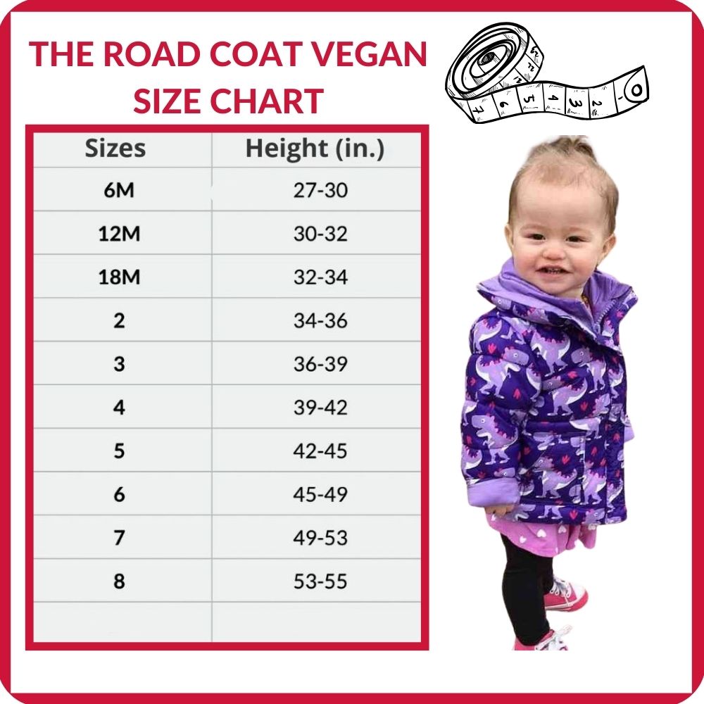 Size chart for Road Coat Vegan