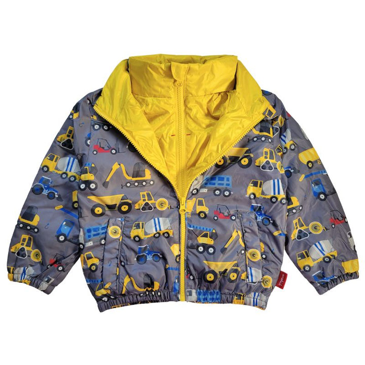 Construction-themed toddler coat with yellow lining