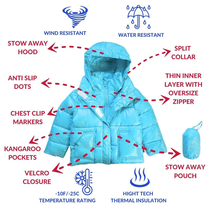 Features of aqua vegan coat: water-resistant, wind-resistant.