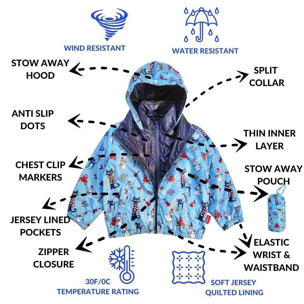 Features of Pete The Cat Road Coat for toddlers