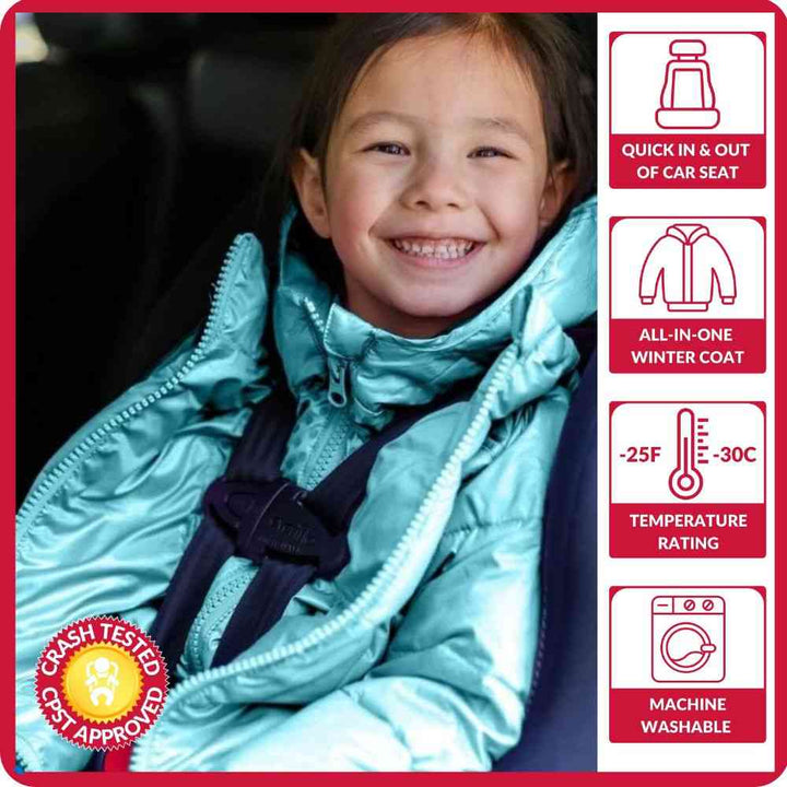 Child wearing aqua Road Coat in car seat