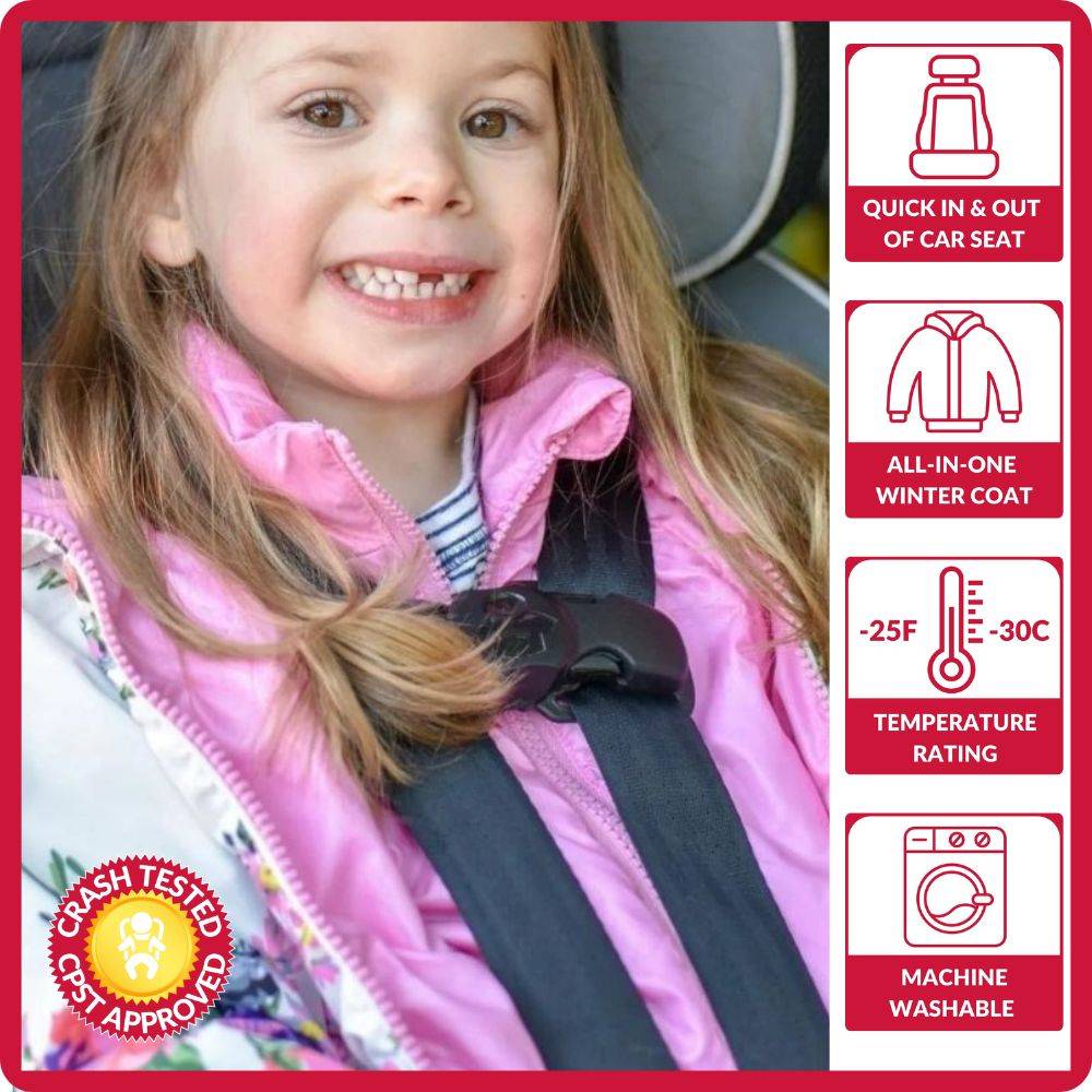 Girl wearing pink unicorn coat in car seat with safety features