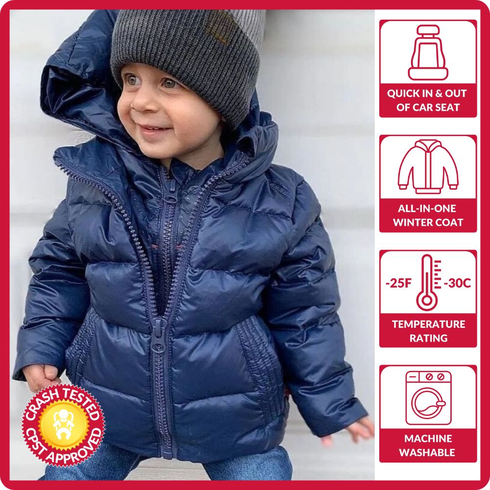 Toddler in Navy Road Coat Down with safety features
