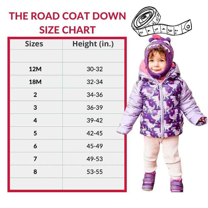 Size chart for The Road Coat Down with child model