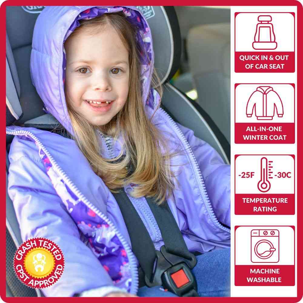 Child wearing Purple Raptor Road Coat in car seat