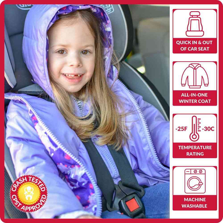 Child wearing Purple Raptor Road Coat in car seat