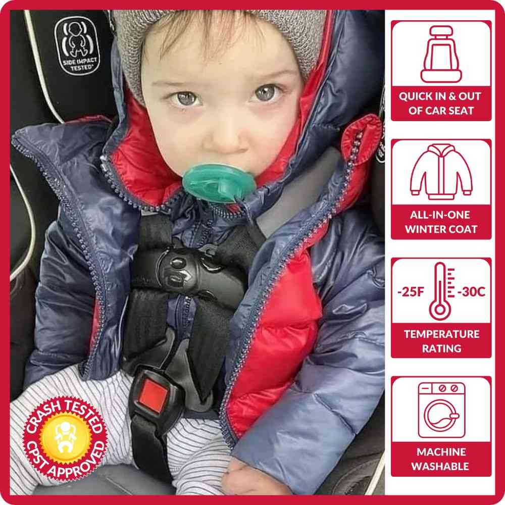 Child in car seat wearing Road Coat Down