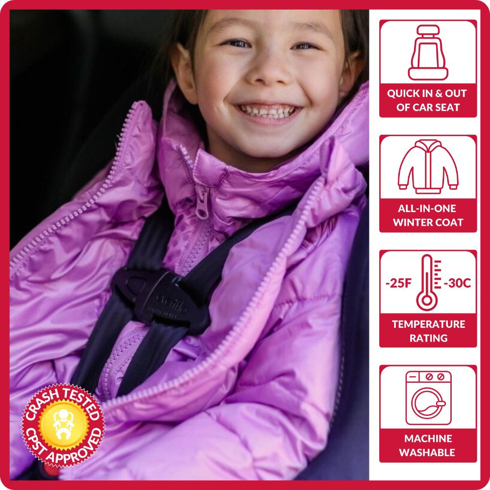 Child wearing lilac Road Coat Down in car seat